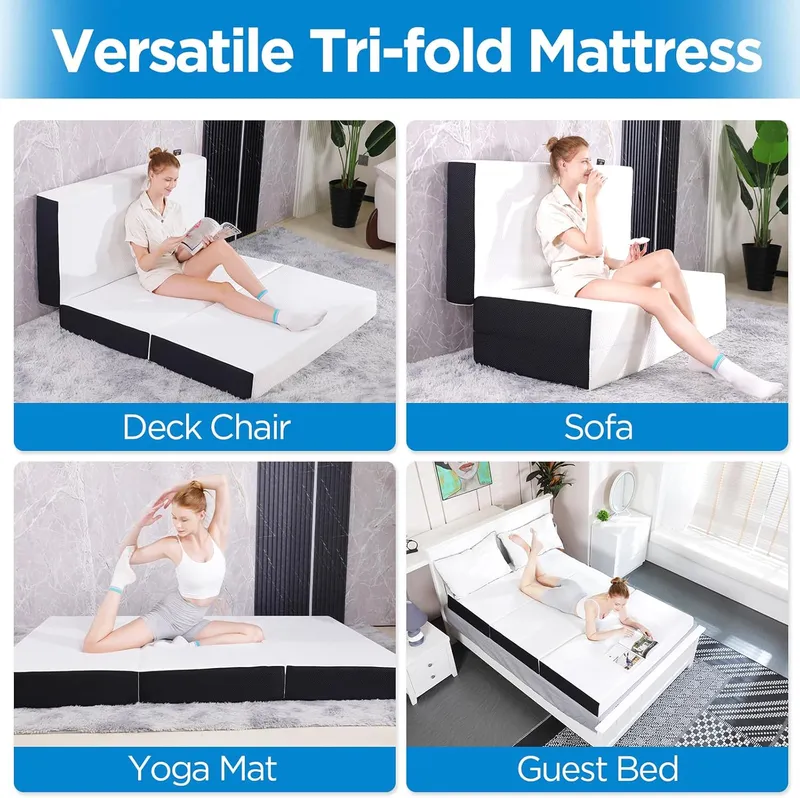 Roxzo Tri-fold Memory Foam Mattress Topper with Washable Cover